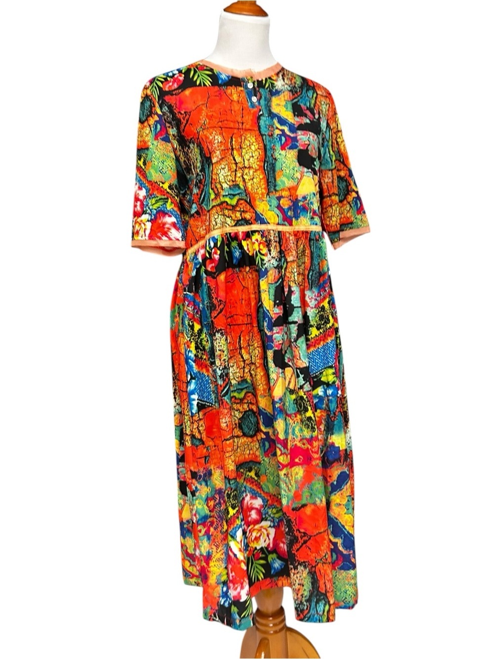 Fenlanse Multicolor Abstract Art Print Midi Dress, Large, Floral Print Bold